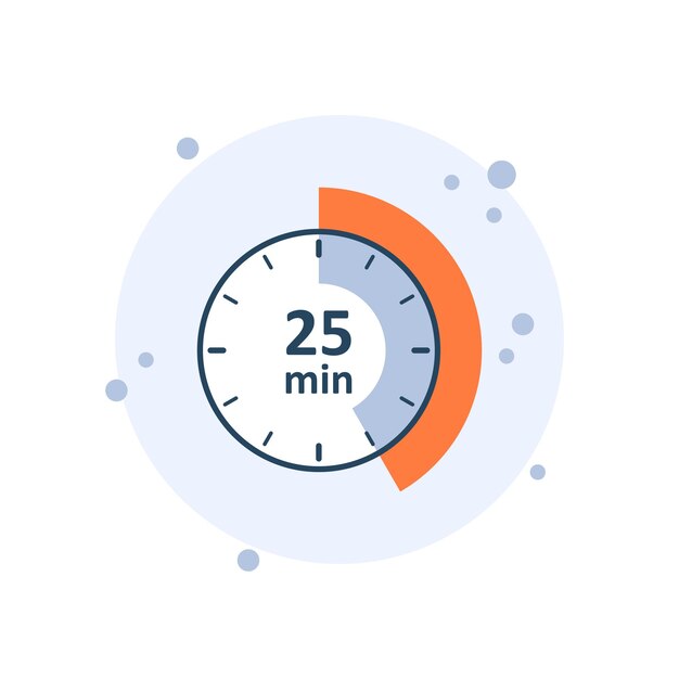 Cartoon clock icon vector illustration 25 min timer on bubbles background Countdown sign concept