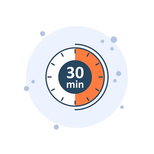 Cartoon clock icon vector illustration 30 min timer on bubbles background Countdown sign concept