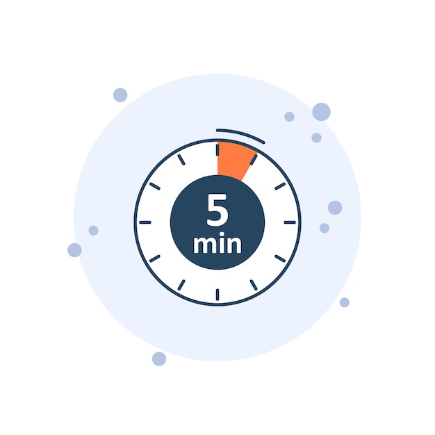 Cartoon clock icon vector illustration 5 min timer on bubbles background Countdown sign concept