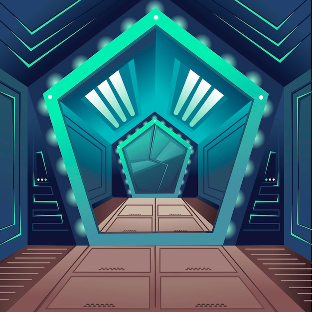 Cartoon Color Hallway Door Spaceship Interior Inside Concept Vector