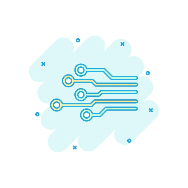 Cartoon colored circuit board icon in comic style Technology scheme illustration pictogram Microchip sign splash business concept