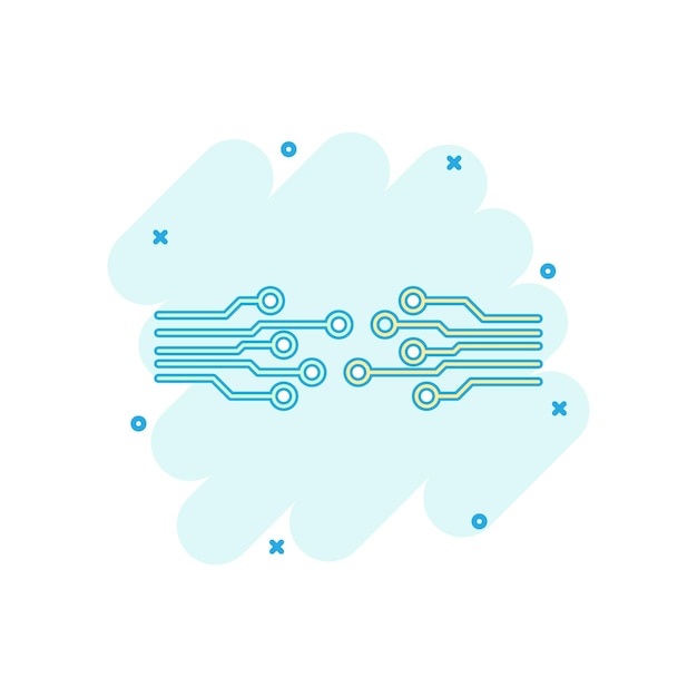 Cartoon colored circuit board icon in comic style Technology scheme illustration pictogram Microchip sign splash business concept
