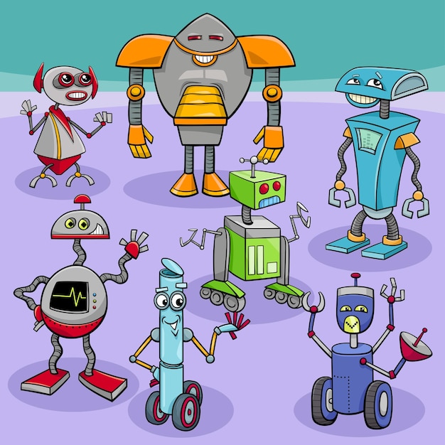 Cartoon colorful robots and droids characters group