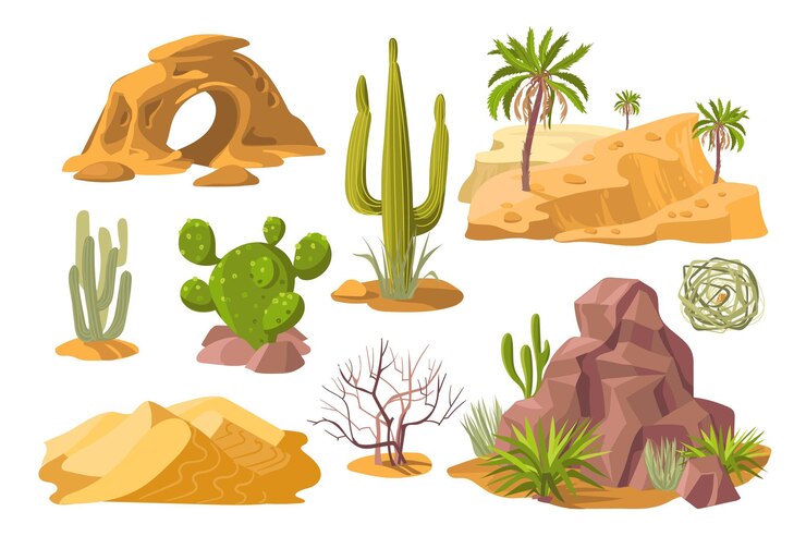 Vektör cartoon desert elements sand dune stones and agave cacti and rocks hot and dry climate zone objects canyon landscape items sahara panorama tumbleweed plant splendid vector set