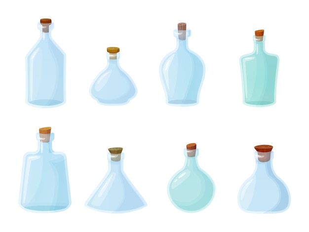 Cartoon empty glass bottles Game vial for magic potion wine water spirit drink or chemical liquid ancient clear bottle with wooden cork for wizard inventory vector illustration