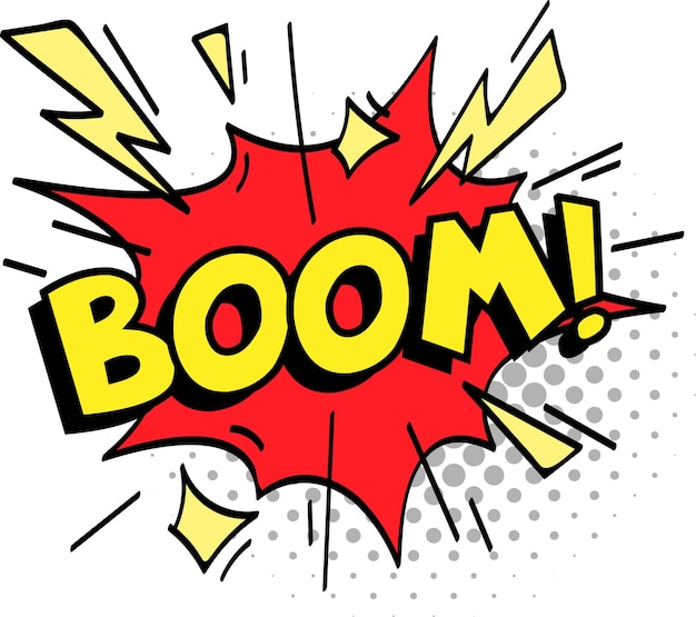 Cartoon explosion with the word boom is depicted with lightnings and star symbols creating a dynamic and impactful visual representation of a sudden event