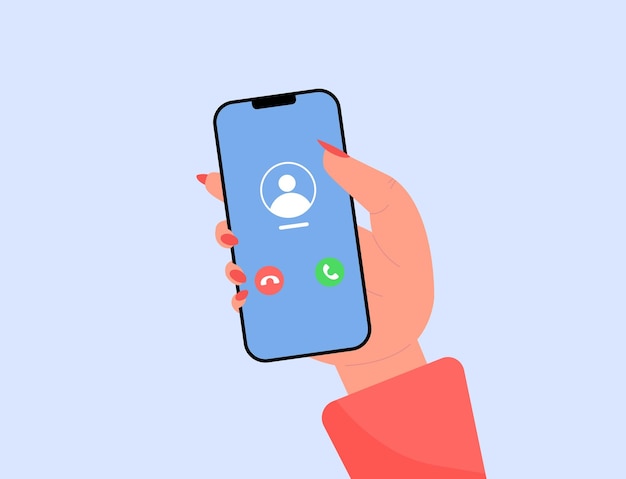 cartoon female hand holding phone with incoming call on display flat vector illustration. mobile use