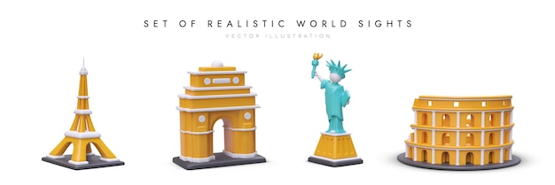 cartoon figures of eiffel tower old gateway statue of liberty and coliseum