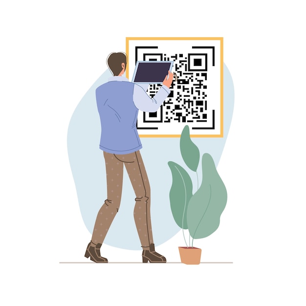 cartoon flat character using mobile smartphone tablet with empty blank screen scanning QR code  online shopping