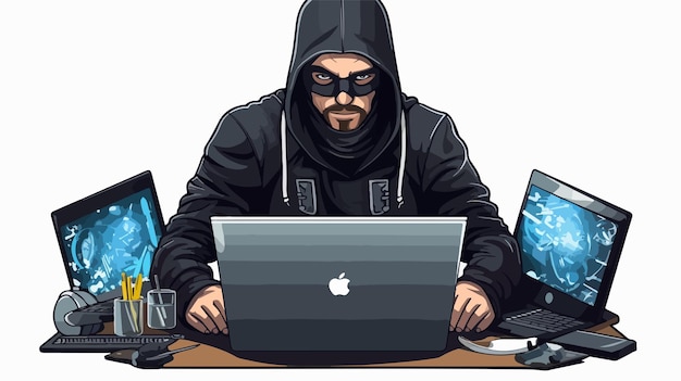 Cartoon Flat Hacker Stealing Passwords on Computer