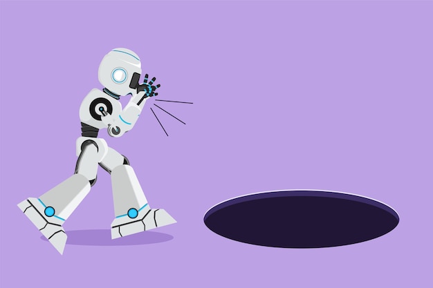cartoon flat style drawing robot scream into pit hole tech business opportunity modern robotic artificial intelligence technology electronic technology industry graphic design vector illustration