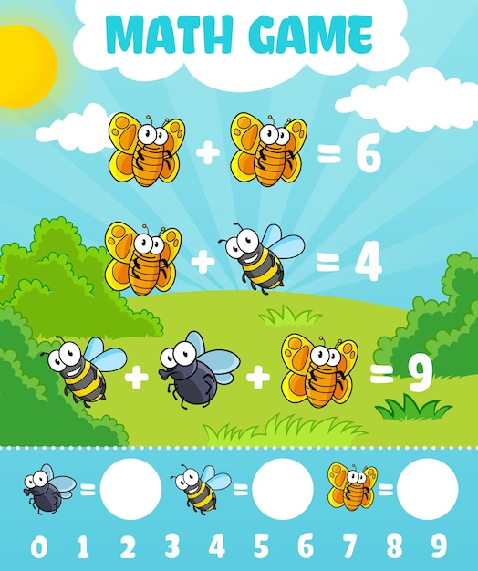 Cartoon funny insects math game worksheet