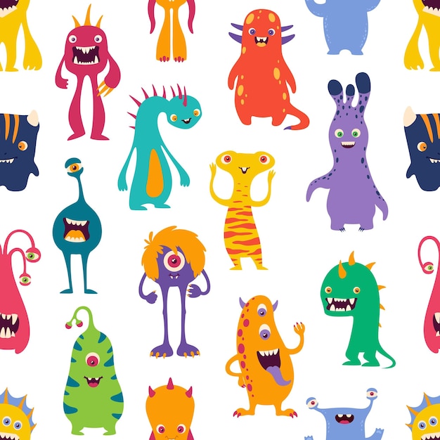 Cartoon funny monsters vector seamless pattern