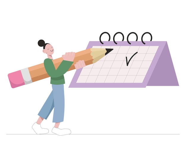 cartoon funny young woman with big pencil and calendar modern vector illustration in flat style
