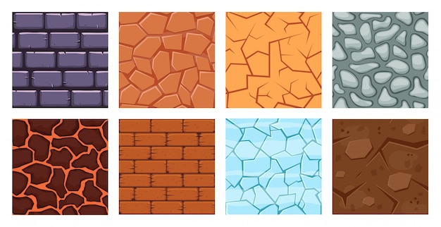 Cartoon game ground. Texture game brick surface, ice, bricks sandy desert and dirt ground layers for game level   illustration set. Cartoon surface pattern, rock and brick, sandy level