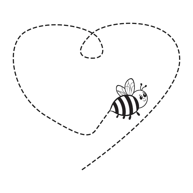 Cartoon Gather like queen Bee flying on the dotted line Vector Illustration in black and white