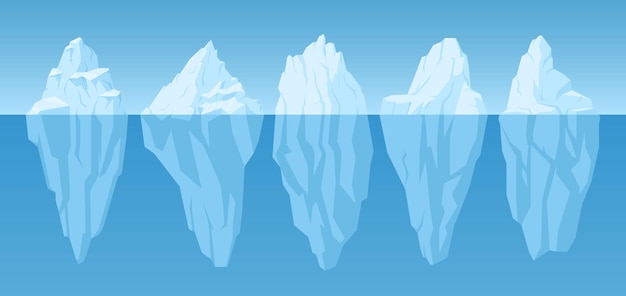 Cartoon icebergs frozen arctic glaciers snow floating bogs vector illustration icebergs collection