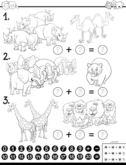 Cartoon Illustration of Educational Mathematical Addition Game for Children