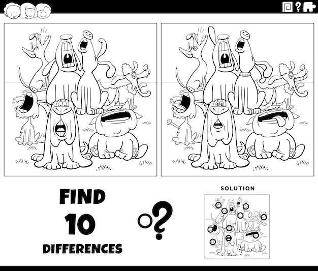 Cartoon illustration of finding the differences activity with howling dogs group coloring page