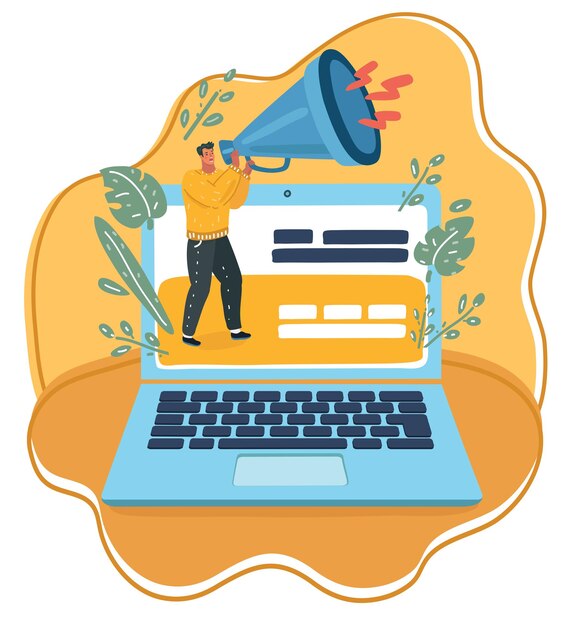 Cartoon illustration of Online Advertising Man with big Loudspeaker on the screen on yellow background