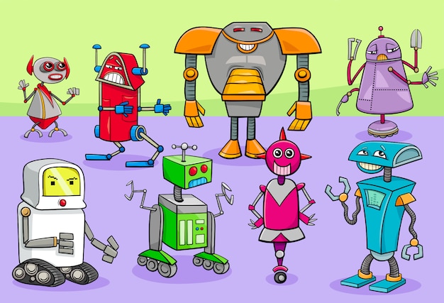 Cartoon Illustration of Robots Characters Group