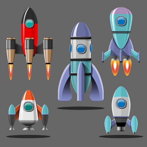 Cartoon illustration Rocket launch isolated set. Space mission rockets with smoke
