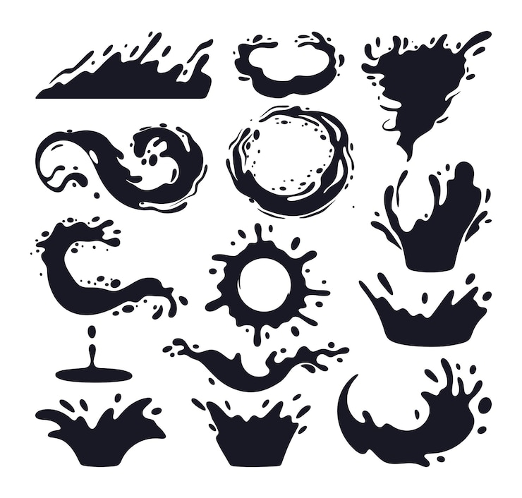 Vektör cartoon liquid splash silhouettes water juice or milk drops flows and waves black liquid splashes flat vector illustration set water splash silhouettes