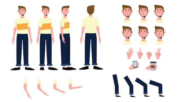Cartoon man character boy character set emotional face expressionshand drawn cartoon character