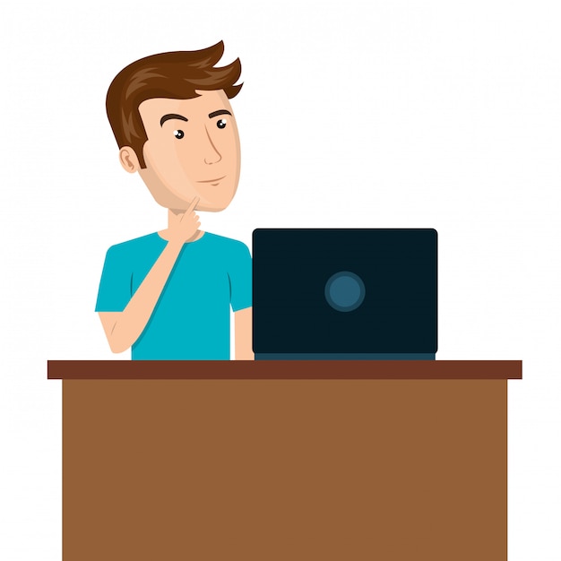 cartoon man laptop desk e-commerce isolated design