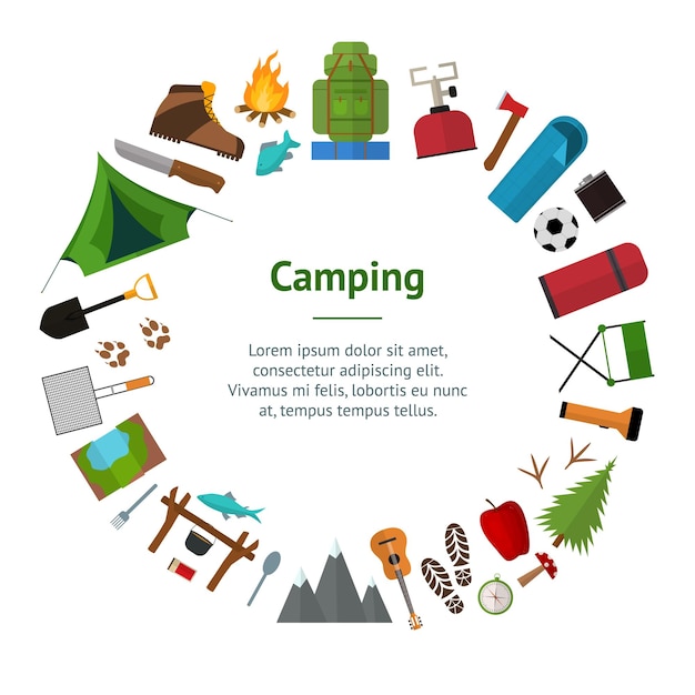 cartoon mountain hike elements banner card circle tourism concept flat design style vector illustration of symbol travel and adventure icon
