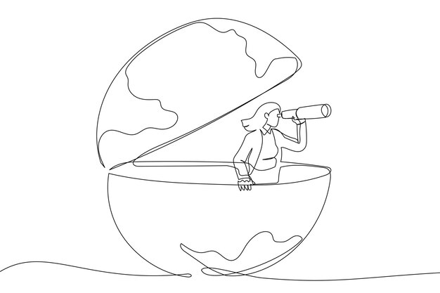 cartoon of businesswoman open globe using telescope looking for vision to new opportunity work or investment searching for oversea business concept single continuous line art style