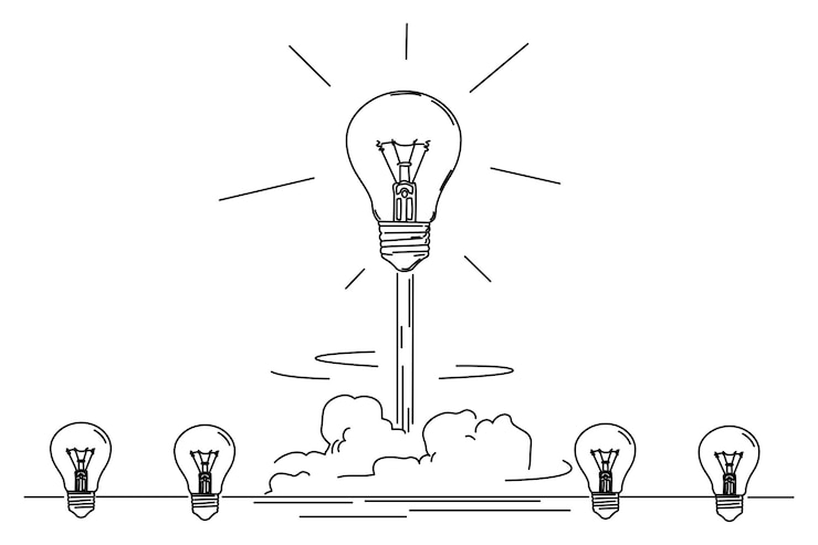 Vektör cartoon of standing light bulbs with one glowing rocket launch