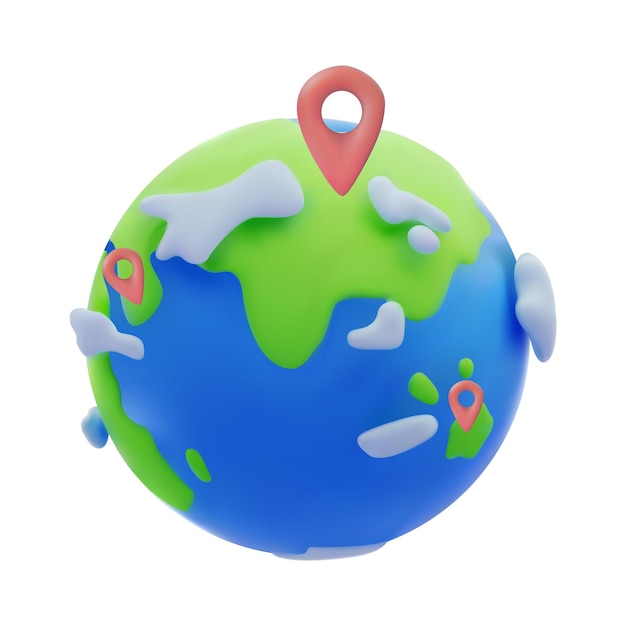cartoon planet earth 3d vector icon on white background globe with red location point