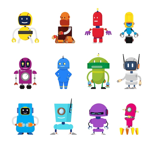 cartoon robot characters energy robots science robotics for kids isolated children toys cute vintage android elements friendly alien decent vector set