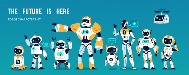 cartoon robot characters funny futuristic toys different type cyborgs humanoid mechanical bots cute childish androids robotic mechanism artificial intelligence tidy vector cartoon set