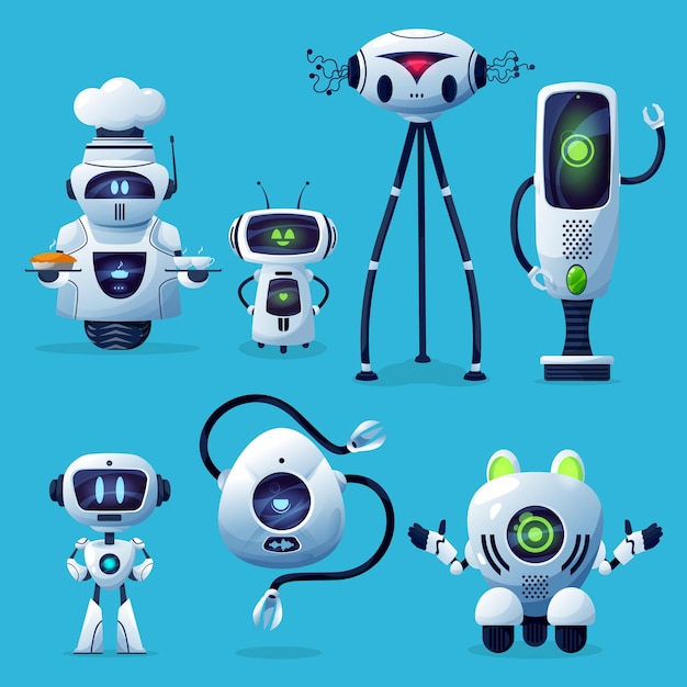 cartoon robots cute cyborg characters, toys or bots, artificial intelligence technology.
