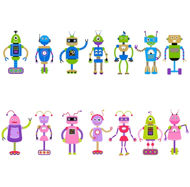 Cartoon robots for girls and boys isolated on white background Cute robot girl toy and character robo boy electronic illustration