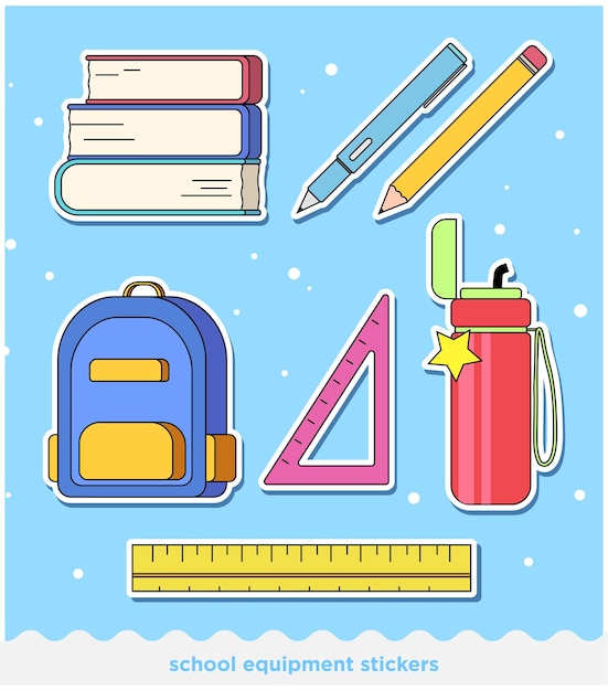 cartoon school stationery and supplies suitable for printable stickers isolated