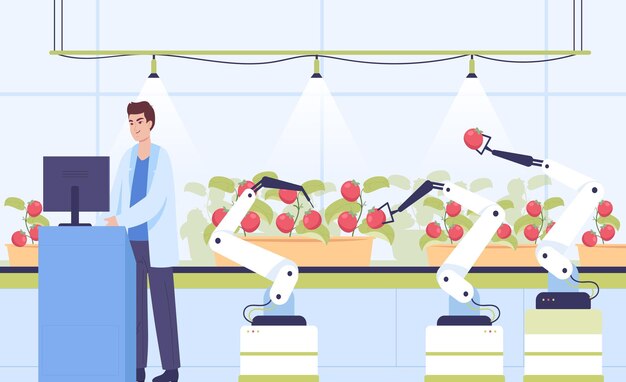 Cartoon scientist controlling automatic harvesting of tomatoes