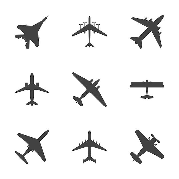 Cartoon Silhouette Black Airplane Set Vector