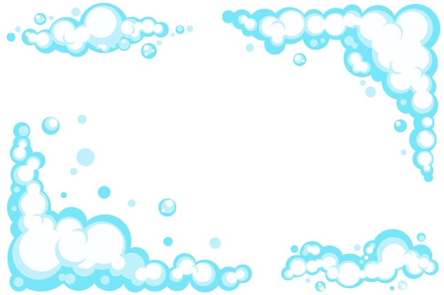 cartoon soap foam set with bubbles. light blue suds of bath, shampoo, shaving, mousse.