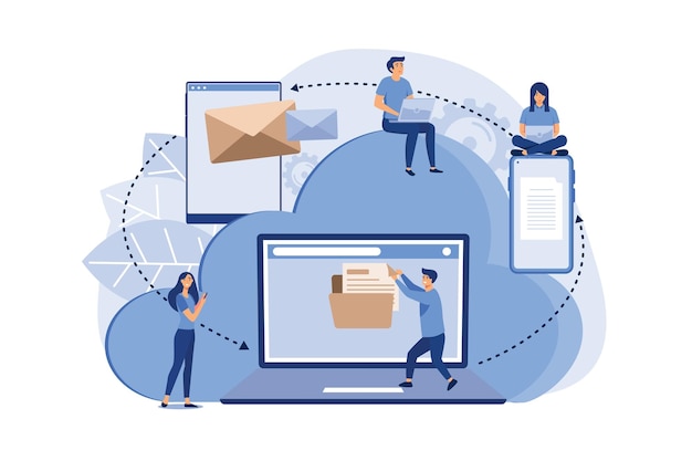 cartoon style cloud storage data processing message sending illustration for web design marketing