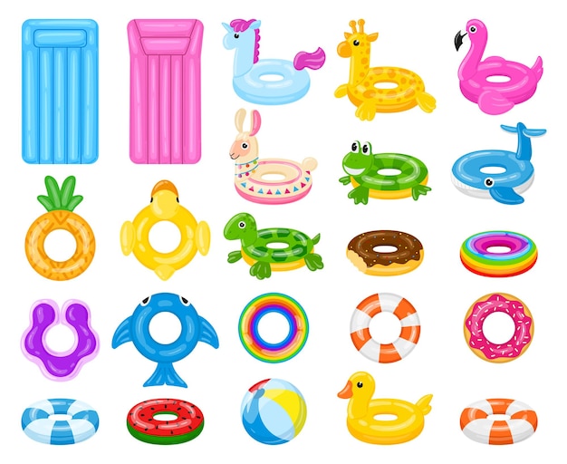 Cartoon swimming circles, pool or beach water rubber ball and mattress. Summer water toys, pool games lifebuoys vector illustration set. Inflatable rubber pool equipment