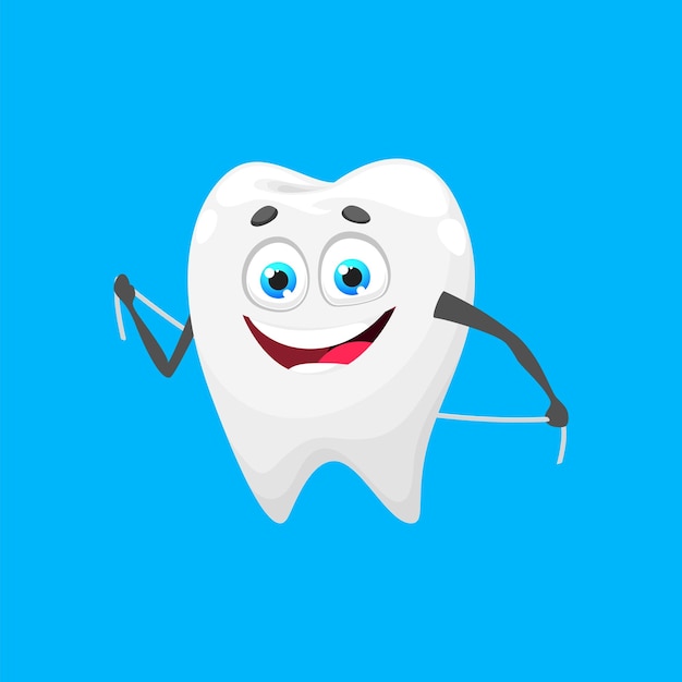 Cartoon tooth with dental floss happy and smiling for healthy teeth and dental care vector character Kids dentistry clinic or teeth hygiene cleaning poster with cute white tooth and dental floss