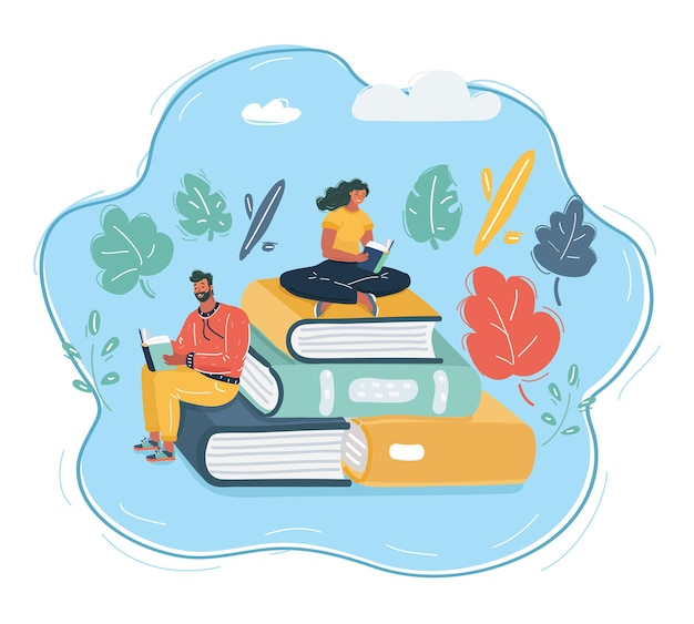 cartoon vector illustration of people who love to read reading books around giant book man and woman are reading student education fair courses concept