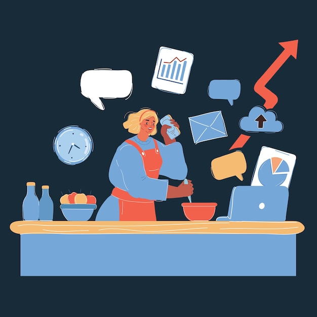 cartoon vector illustration of woman working on many different jobs with different tools at the same time on dark background