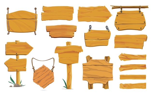Cartoon wooden signs wood planks boards banners
