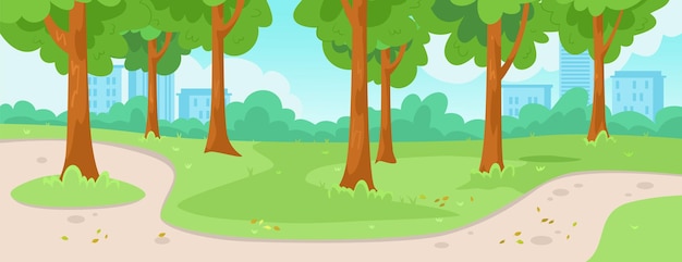 Cartoonstyle park with trees and paths vector illustration