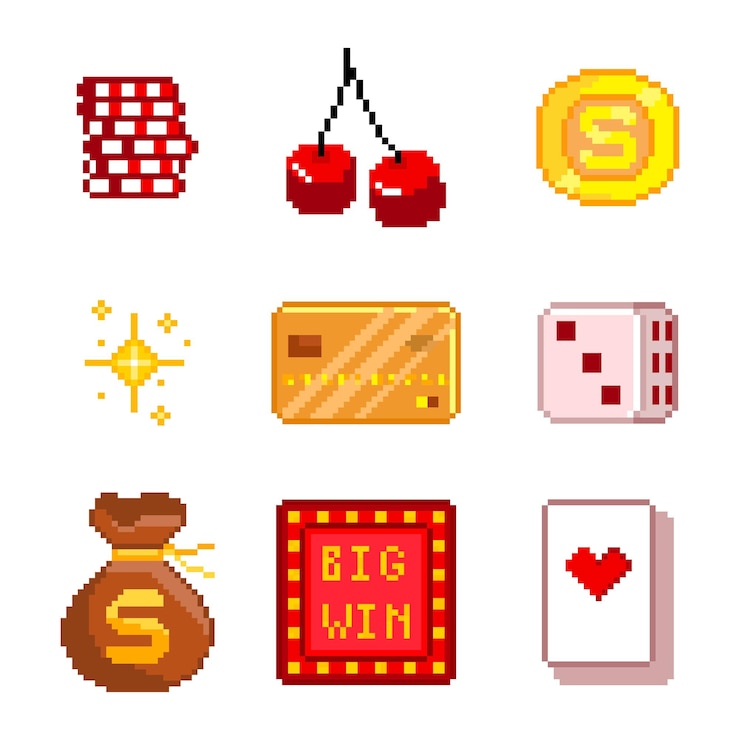 Vektör casino 8bit icons set pixel art old school computer graphic style games elements