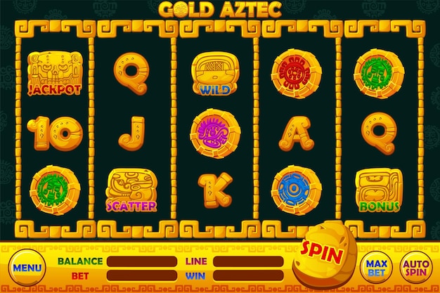 Casino slot machine game UI design for Gold Aztec and full set of 12 slot symbols Ui element for jackpot in gambling Graphic elements for the development of slot machines